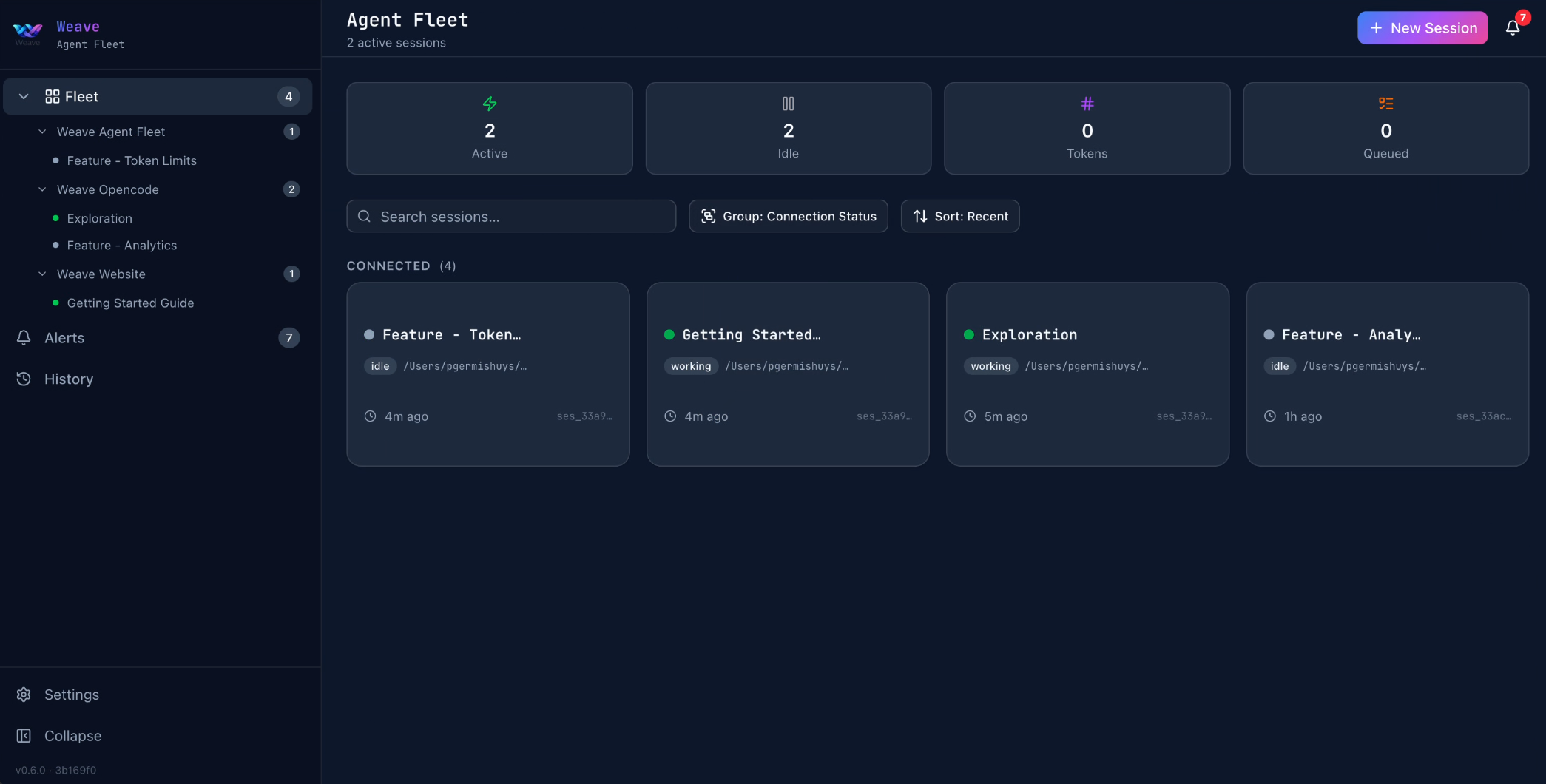 Fleet web dashboard showing multiple OpenCode sessions running in parallel with status indicators, message streams, and diff viewers