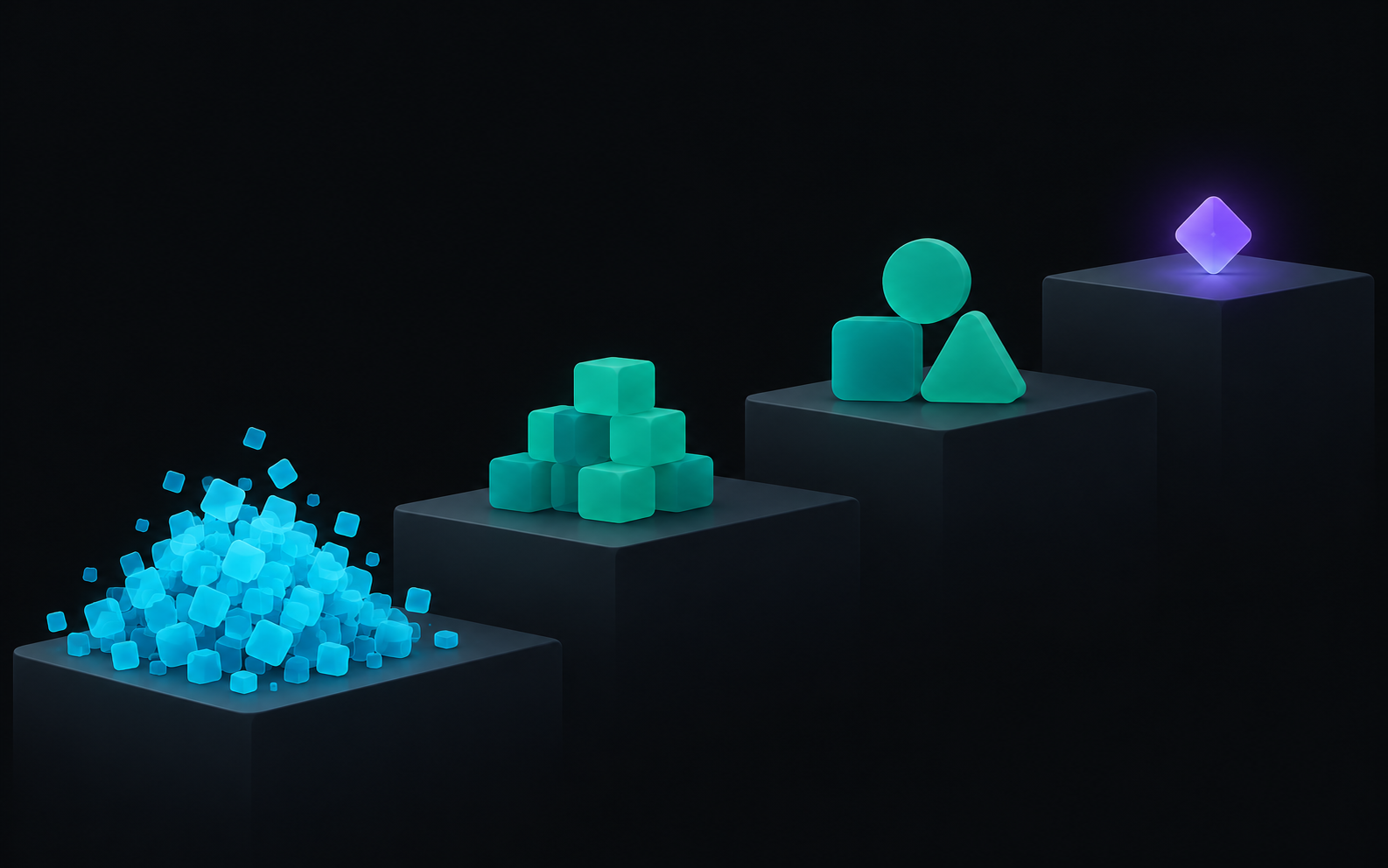 Four rising platforms: a heap of tiny cyan squares, a neat stack of teal blocks, three larger teal shapes, and a single glowing violet shape at the top