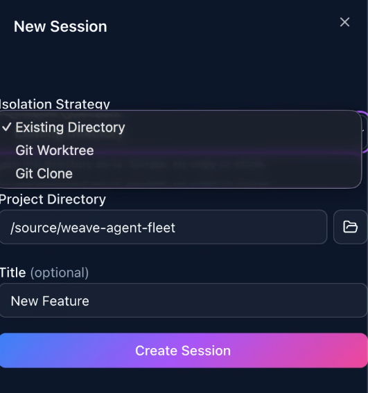 Create session dialog — directory browser, isolation strategy selector, and title input