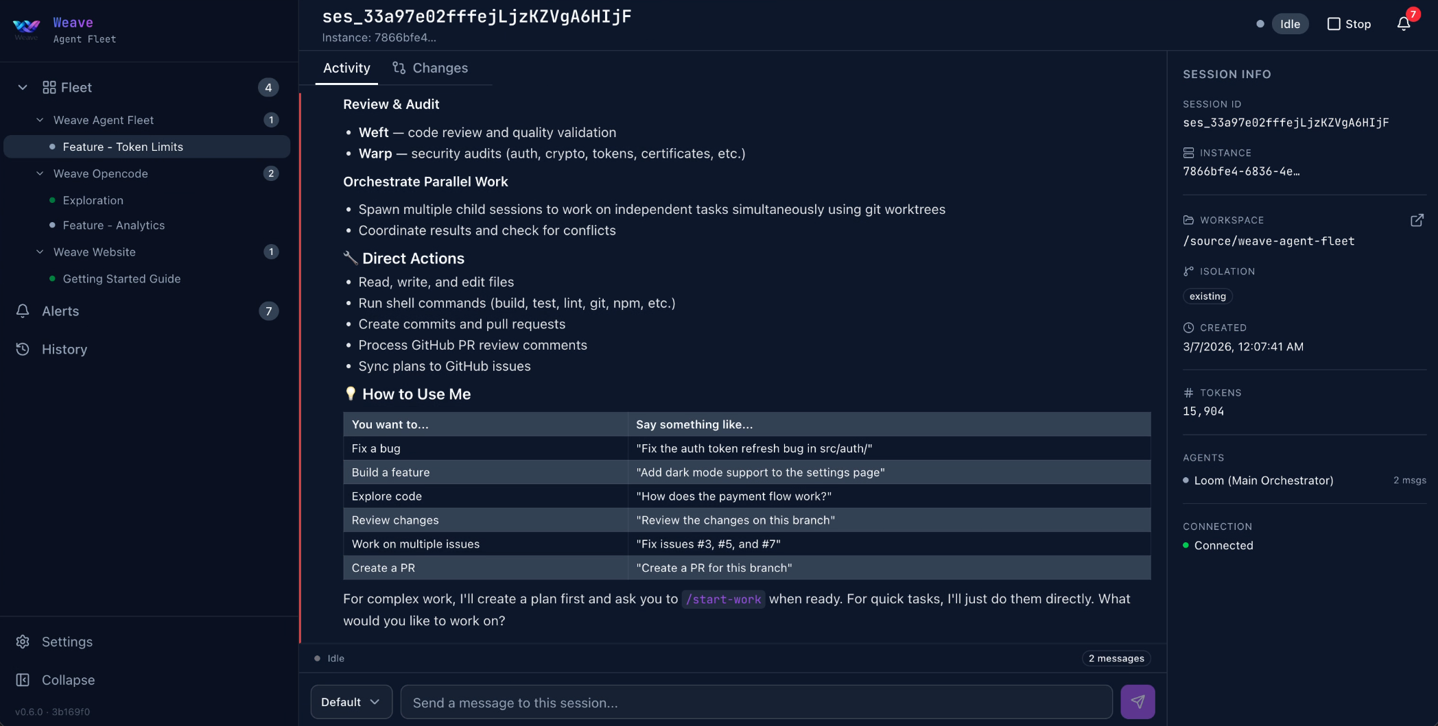 Session detail view — message stream with real-time agent activity and prompt input at bottom