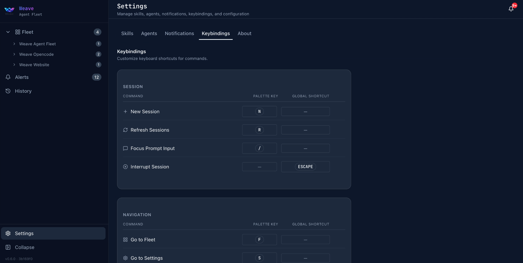 Settings page — keybindings and configuration options