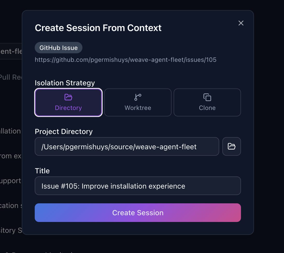 Create session dialog — isolation strategy, directory picker, and title pre-filled from the GitHub issue