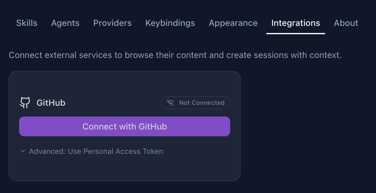 GitHub settings — Connect with GitHub button and device authorization flow